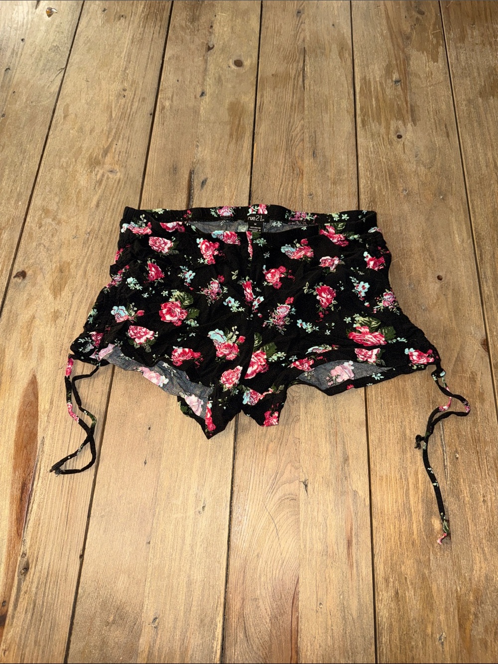 Rue21 Black Floral Bike Shorts with Pink & Green Roses